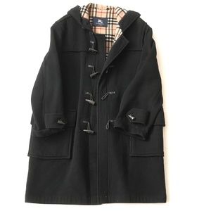 vintage check detail wool blend hooded duffle coat